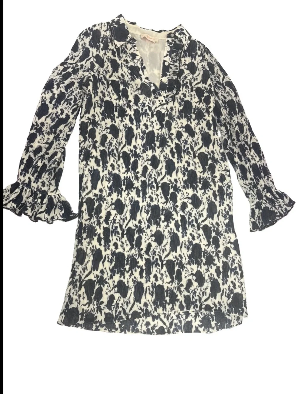 Tory Burch Navy and White Floral Long-Sleeve Shift Dress